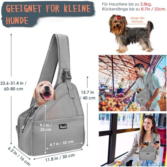Dog Friendly Sling Dogs, Hands-Free Travel Bag for Small Pets with Adjustable Straps, Hardboard Base Safety Belt, for Dogs up to 2.8 kg, Widened Version, Grey Dog Friendly Sling Dogs, Hands-Free Travel Bag for Small Pets with Adjustable Straps, Hardboard Base Safety Belt, for Dogs up to 2.8 kg, Widened Version, Grey