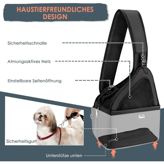 Dog Friendly Sling Dogs, Hands-Free Travel Bag for Small Pets with Adjustable Straps, Hardboard Base Safety Belt, for Dogs up to 2.8 kg, Widened Version, Grey Dog Friendly Sling Dogs, Hands-Free Travel Bag for Small Pets with Adjustable Straps, Hardboard Base Safety Belt, for Dogs up to 2.8 kg, Widened Version, Grey