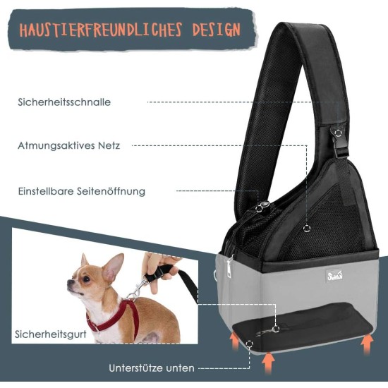 Dog Friendly Sling Dogs, Hands-Free Travel Bag for Small Pets with Adjustable Straps, Hardboard Base Safety Belt, for Dogs up to 2.8 kg, Widened Version, Grey Dog Friendly Sling Dogs, Hands-Free Travel Bag for Small Pets with Adjustable Straps, Hardboard Base Safety Belt, for Dogs up to 2.8 kg, Widened Version, Grey