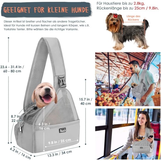 Dog Friendly Sling Dogs, Hands-Free Travel Bag for Small Pets with Adjustable Straps, Hardboard Base Safety Belt, for Dogs up to 2.8 kg, Widened Version, Grey Dog Friendly Sling Dogs, Hands-Free Travel Bag for Small Pets with Adjustable Straps, Hardboard Base Safety Belt, for Dogs up to 2.8 kg, Widened Version, Grey