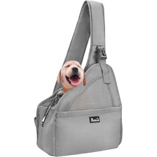 Dog Friendly Sling Dogs, Hands-Free Travel Bag for Small Pets with Adjustable Straps, Hardboard Base Safety Belt, for Dogs up to 2.8 kg, Widened Version, Grey Dog Friendly Sling Dogs, Hands-Free Travel Bag for Small Pets with Adjustable Straps, Hardboard Base Safety Belt, for Dogs up to 2.8 kg, Widened Version, Grey