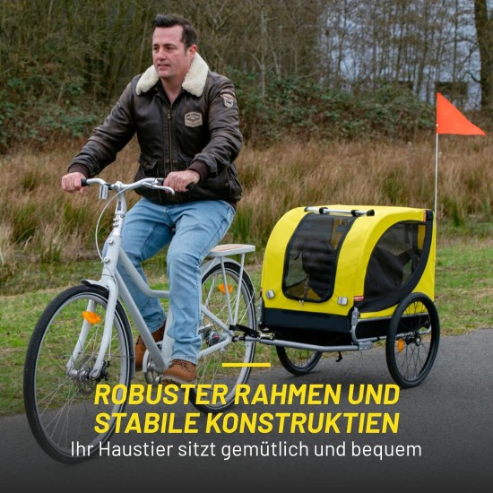 Dunlop Dog Pram - Dog Buggy Max. 40 kg - Dog Trailer Foldable - Dog Bicycle Trailer with Rain Cover and Removable Pneumatic Tyres - Easy Assembly - Yellow Dunlop Dog Pram - Dog Buggy Max. 40 kg - Dog Trailer Foldable - Dog Bicycle Trailer with Rain Cover and Removable Pneumatic Tyres - Easy Assembly - Yellow