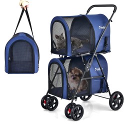 FANTASK 2 Tier Dog Pram with Mesh Windows and Drink Holder, Pet Buggy up to 16 kg, Cat Buggy for 2 Small Dogs, Cats, Dog Buggy & Trailer in Blue FANTASK 2 Tier Dog Pram with Mesh Windows and Drink Holder, Pet Buggy up to 16 kg, Cat Buggy for 2 Small Dogs, Cats, Dog Buggy & Trailer in Blue