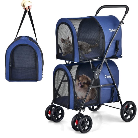 FANTASK 2 Tier Dog Pram with Mesh Windows and Drink Holder, Pet Buggy up to 16 kg, Cat Buggy for 2 Small Dogs, Cats, Dog Buggy & Trailer in Blue FANTASK 2 Tier Dog Pram with Mesh Windows and Drink Holder, Pet Buggy up to 16 kg, Cat Buggy for 2 Small Dogs, Cats, Dog Buggy & Trailer in Blue