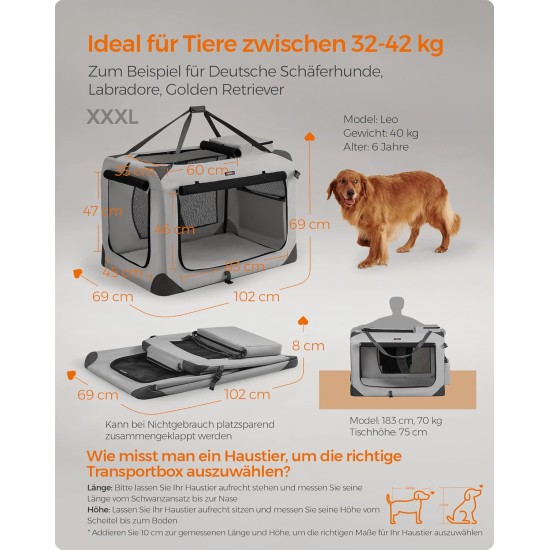 Feandrea PDC70H Foldable Dog Transport Box L Dog Bag Oxford Fabric Mesh Breathable Portable Metal Frame with Handles Pockets 70 x 52 x 52 cm Black Feandrea PDC70H Foldable Dog Transport Box L Dog Bag Oxford Fabric Mesh Breathable Portable Metal Frame with Handles Pockets 70 x 52 x 52 cm Black