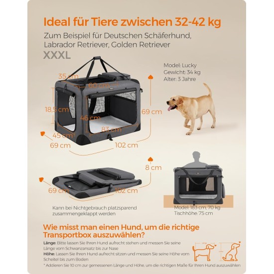 Feandrea PDC70H Foldable Dog Transport Box L Dog Bag Oxford Fabric Mesh Breathable Portable Metal Frame with Handles Pockets 70 x 52 x 52 cm Black Feandrea PDC70H Foldable Dog Transport Box L Dog Bag Oxford Fabric Mesh Breathable Portable Metal Frame with Handles Pockets 70 x 52 x 52 cm Black