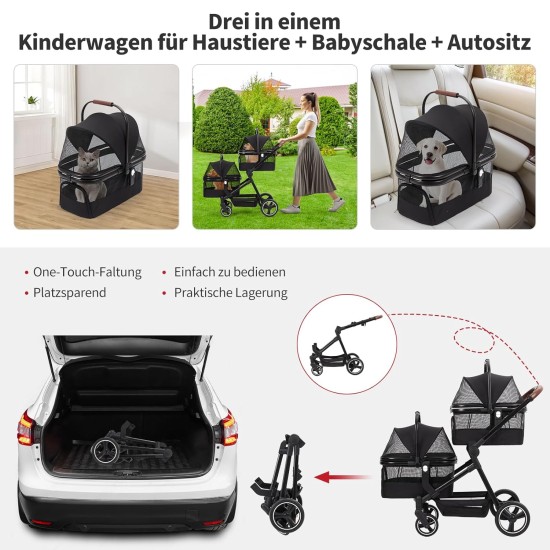 Foldable 3-in-1 Dog Pram for Small Dogs & Cats up to 15 kg Pet Buggy with Safety Leads, Shock Absorption, One Pedal Brake, Mesh Windows & Storage Space, Easy Folding for Travel and Walks Foldable 3-in-1 Dog Pram for Small Dogs & Cats up to 15 kg Pet Buggy with Safety Leads, Shock Absorption, One Pedal Brake, Mesh Windows & Storage Space, Easy Folding for Travel and Walks