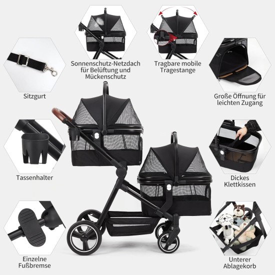 Foldable 3-in-1 Dog Pram for Small Dogs & Cats up to 15 kg Pet Buggy with Safety Leads, Shock Absorption, One Pedal Brake, Mesh Windows & Storage Space, Easy Folding for Travel and Walks Foldable 3-in-1 Dog Pram for Small Dogs & Cats up to 15 kg Pet Buggy with Safety Leads, Shock Absorption, One Pedal Brake, Mesh Windows & Storage Space, Easy Folding for Travel and Walks