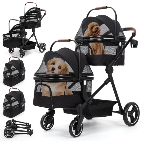 Foldable 3-in-1 Dog Pram for Small Dogs & Cats up to 15 kg Pet Buggy with Safety Leads, Shock Absorption, One Pedal Brake, Mesh Windows & Storage Space, Easy Folding for Travel and Walks Foldable 3-in-1 Dog Pram for Small Dogs & Cats up to 15 kg Pet Buggy with Safety Leads, Shock Absorption, One Pedal Brake, Mesh Windows & Storage Space, Easy Folding for Travel and Walks