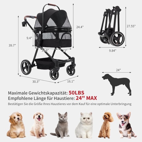 Foldable 3-in-1 Dog Pram for Small Dogs & Cats up to 15 kg Pet Buggy with Safety Leads, Shock Absorption, One Pedal Brake, Mesh Windows & Storage Space, Easy Folding for Travel and Walks Foldable 3-in-1 Dog Pram for Small Dogs & Cats up to 15 kg Pet Buggy with Safety Leads, Shock Absorption, One Pedal Brake, Mesh Windows & Storage Space, Easy Folding for Travel and Walks