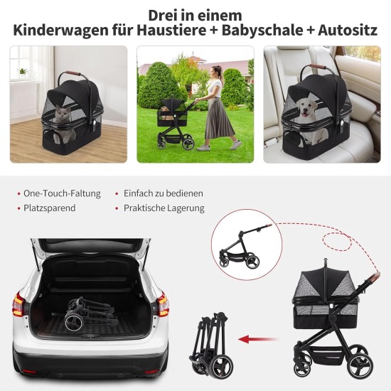 Foldable 3-in-1 Dog Pram for Small Dogs & Cats up to 15 kg Pet Buggy with Safety Leads, Shock Absorption, One Pedal Brake, Mesh Windows & Storage Space, Easy Folding for Travel and Walks Foldable 3-in-1 Dog Pram for Small Dogs & Cats up to 15 kg Pet Buggy with Safety Leads, Shock Absorption, One Pedal Brake, Mesh Windows & Storage Space, Easy Folding for Travel and Walks