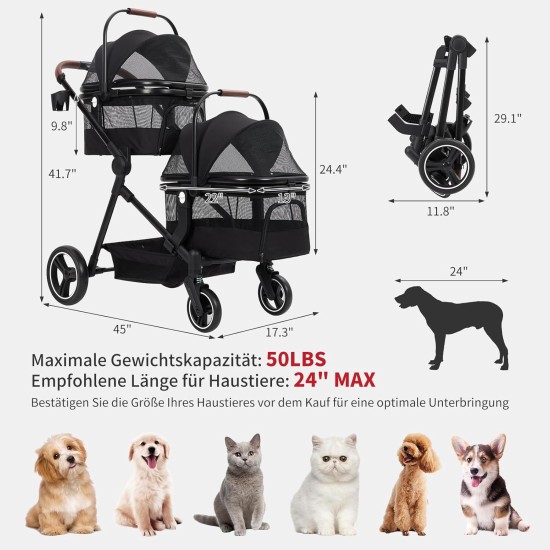 Foldable 3-in-1 Dog Pram for Small Dogs & Cats up to 15 kg Pet Buggy with Safety Leads, Shock Absorption, One Pedal Brake, Mesh Windows & Storage Space, Easy Folding for Travel and Walks Foldable 3-in-1 Dog Pram for Small Dogs & Cats up to 15 kg Pet Buggy with Safety Leads, Shock Absorption, One Pedal Brake, Mesh Windows & Storage Space, Easy Folding for Travel and Walks