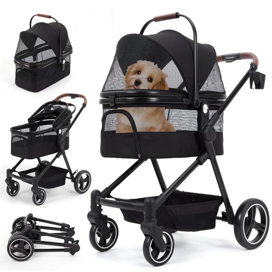 Foldable 3-in-1 Dog Pram for Small Dogs & Cats up to 15 kg Pet Buggy with Safety Leads, Shock Absorption, One Pedal Brake, Mesh Windows & Storage Space, Easy Folding for Travel and Walks Foldable 3-in-1 Dog Pram for Small Dogs & Cats up to 15 kg Pet Buggy with Safety Leads, Shock Absorption, One Pedal Brake, Mesh Windows & Storage Space, Easy Folding for Travel and Walks