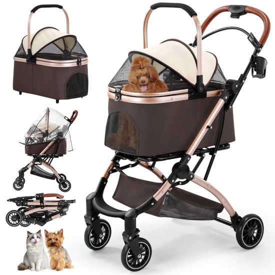 Gimars 4-in-1 Cat Pram and Dog Pram up to 20 kg Foldable, 360° Rubber Tyres Cat Trolley with Rear Wheel Brake, Dog Buggy with Mesh Windows, Rain Cover, Retractable Pull Rod for Small Dogs, Cats, Khaki Gimars 4-in-1 Cat Pram and Dog Pram up to 20 kg Foldable, 360° Rubber Tyres Cat Trolley with Rear Wheel Brake, Dog Buggy with Mesh Windows, Rain Cover, Retractable Pull Rod for Small Dogs, Cats, Khaki