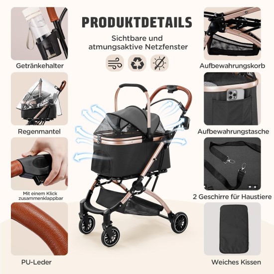 Gimars 4-in-1 Cat Pram and Dog Pram up to 20 kg Foldable, 360° Rubber Tyres Cat Trolley with Rear Wheel Brake, Dog Buggy with Mesh Windows, Rain Cover, Retractable Pull Rod for Small Dogs, Cats, Khaki Gimars 4-in-1 Cat Pram and Dog Pram up to 20 kg Foldable, 360° Rubber Tyres Cat Trolley with Rear Wheel Brake, Dog Buggy with Mesh Windows, Rain Cover, Retractable Pull Rod for Small Dogs, Cats, Khaki