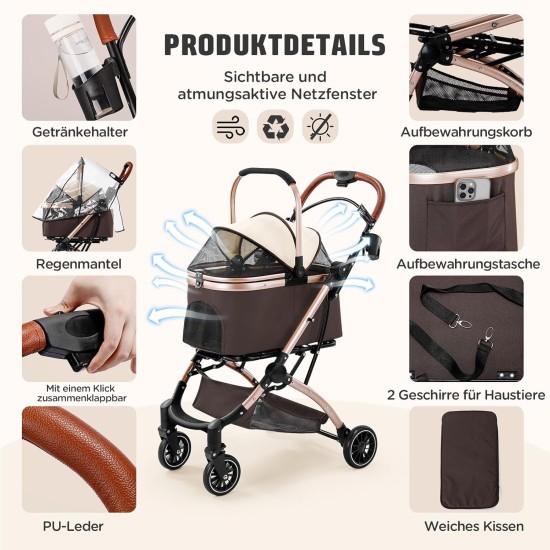 Gimars 4-in-1 Cat Pram and Dog Pram up to 20 kg Foldable, 360° Rubber Tyres Cat Trolley with Rear Wheel Brake, Dog Buggy with Mesh Windows, Rain Cover, Retractable Pull Rod for Small Dogs, Cats, Khaki Gimars 4-in-1 Cat Pram and Dog Pram up to 20 kg Foldable, 360° Rubber Tyres Cat Trolley with Rear Wheel Brake, Dog Buggy with Mesh Windows, Rain Cover, Retractable Pull Rod for Small Dogs, Cats, Khaki