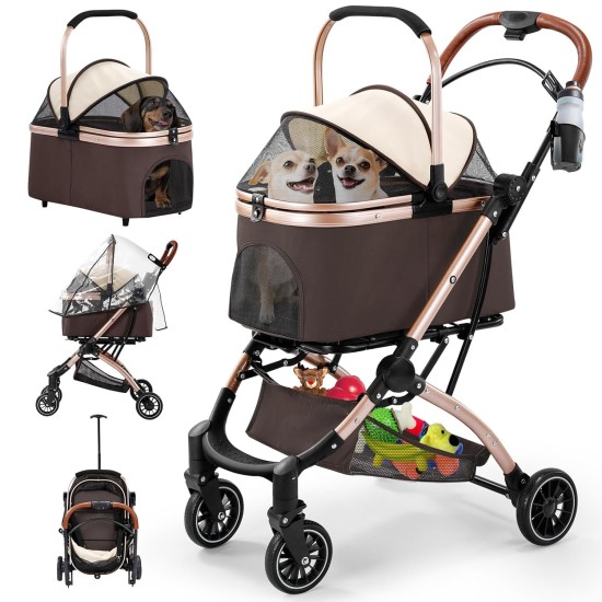 Gimars Upgrade 4-in-1 Cat Pram & Dog Pram Up to 20 kg Foldable, 360° Rubber Tyres Cat Trolley with Rear Wheel Brake, Dog Buggy with Rain Cover, Retractable Pull Rod for Small Dogs Cats, Khaki Gimars Upgrade 4-in-1 Cat Pram & Dog Pram Up to 20 kg Foldable, 360° Rubber Tyres Cat Trolley with Rear Wheel Brake, Dog Buggy with Rain Cover, Retractable Pull Rod for Small Dogs Cats, Khaki