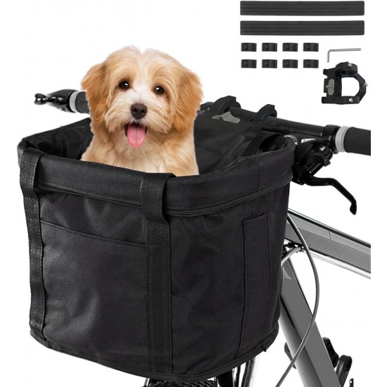 Goldmiky Foldable Bicycle Basket, Front Bicycle Basket for Dogs, Easy Install Removable Bicycle Basket Bag, with Handlebar Adapter for Small Dogs, Shopping, Picnic (Black) Goldmiky Foldable Bicycle Basket, Front Bicycle Basket for Dogs, Easy Install Removable Bicycle Basket Bag, with Handlebar Adapter for Small Dogs, Shopping, Picnic (Black)