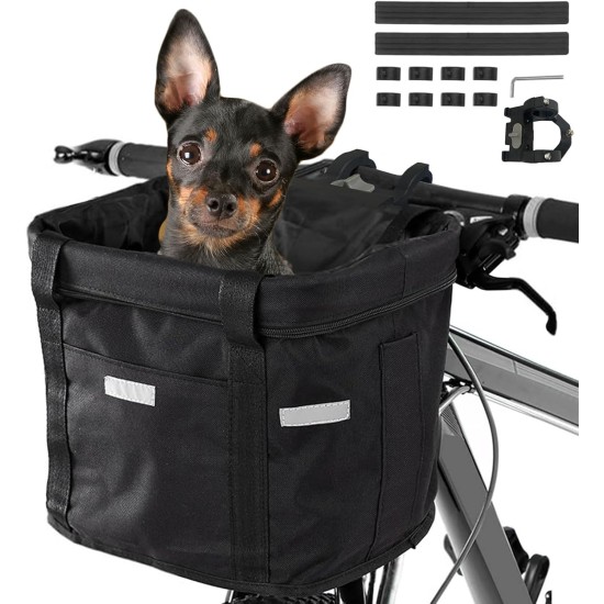 Goldmiky Foldable Bicycle Basket, Front Bicycle Basket for Dogs, Easy Install Removable Bicycle Basket Bag, with Handlebar Adapter for Small Dogs, Shopping, Picnic (Black) Goldmiky Foldable Bicycle Basket, Front Bicycle Basket for Dogs, Easy Install Removable Bicycle Basket Bag, with Handlebar Adapter for Small Dogs, Shopping, Picnic (Black)