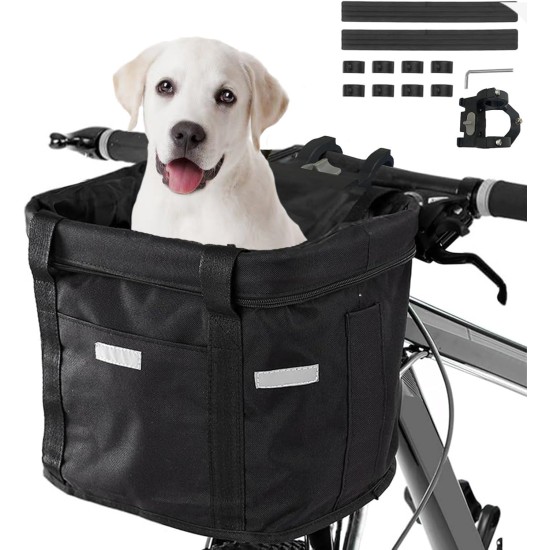 Goldmiky Foldable Bicycle Basket, Front Bicycle Basket for Dogs, Easy Install Removable Bicycle Basket Bag, with Handlebar Adapter for Small Dogs, Shopping, Picnic (Black) Goldmiky Foldable Bicycle Basket, Front Bicycle Basket for Dogs, Easy Install Removable Bicycle Basket Bag, with Handlebar Adapter for Small Dogs, Shopping, Picnic (Black)