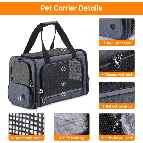 Groxkox Cat Carrier for Pets Airplane Approved Under Seat TSA Airline Approved Soft Carrier for Cats Dogs, 17.5" x 8.5" x 11", Grey Groxkox Cat Carrier for Pets Airplane Approved Under Seat TSA Airline Approved Soft Carrier for Cats Dogs, 17.5" x 8.5" x 11", Grey