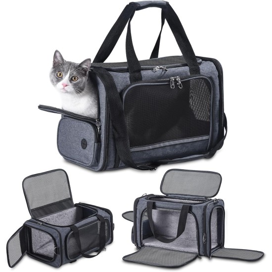 Groxkox Cat Carrier for Pets Airplane Approved Under Seat TSA Airline Approved Soft Carrier for Cats Dogs, 17.5" x 8.5" x 11", Grey