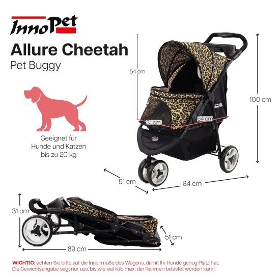 Innopet Allure Cheetah Dog Buggy - Stylish Dog Buggy with Leopard Print - Foldable with One Hand - Max. 20 kg - Storage Basket and 2 Safety Leashes - Ideal Pet Trolley for Cats and Dogs Innopet Allure Cheetah Dog Buggy - Stylish Dog Buggy with Leopard Print - Foldable with One Hand - Max. 20 kg - Storage Basket and 2 Safety Leashes - Ideal Pet Trolley for Cats and Dogs