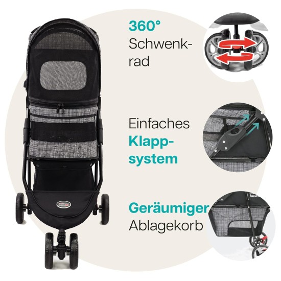 Innopet Avenue Mottled Grey Lightweight Dog & Cat Buggy - Rain Cover Included - Compact City Dog Pram - Foldable 2-Wheel Buggy with Safety Leashes & Storage Basket Innopet Avenue Mottled Grey Lightweight Dog & Cat Buggy - Rain Cover Included - Compact City Dog Pram - Foldable 2-Wheel Buggy with Safety Leashes & Storage Basket