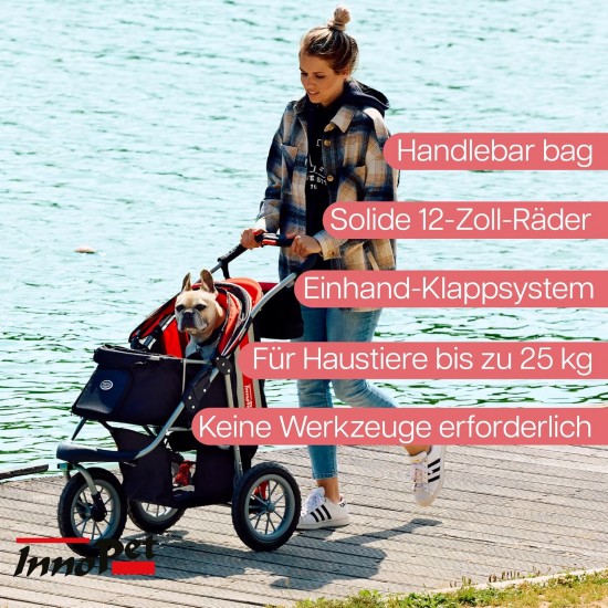 Innopet Comfort Efa Eco Dog Buggy Red / Black - One-Handed Foldable Dog & Cat Pram with 25 kg Load Capacity - Puncture-proof EVA Wheels, 2 Safety Leashes - Storage Basket & 3-Wheel Design Innopet Comfort Efa Eco Dog Buggy Red / Black - One-Handed Foldable Dog & Cat Pram with 25 kg Load Capacity - Puncture-proof EVA Wheels, 2 Safety Leashes - Storage Basket & 3-Wheel Design