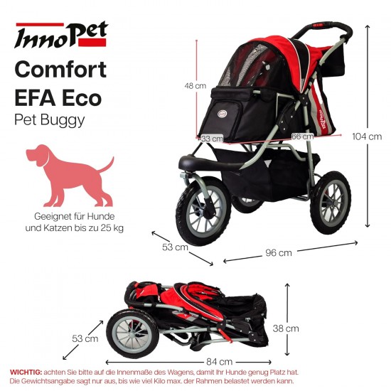 Innopet Comfort Efa Eco Dog Buggy Red / Black - One-Handed Foldable Dog & Cat Pram with 25 kg Load Capacity - Puncture-proof EVA Wheels, 2 Safety Leashes - Storage Basket & 3-Wheel Design Innopet Comfort Efa Eco Dog Buggy Red / Black - One-Handed Foldable Dog & Cat Pram with 25 kg Load Capacity - Puncture-proof EVA Wheels, 2 Safety Leashes - Storage Basket & 3-Wheel Design