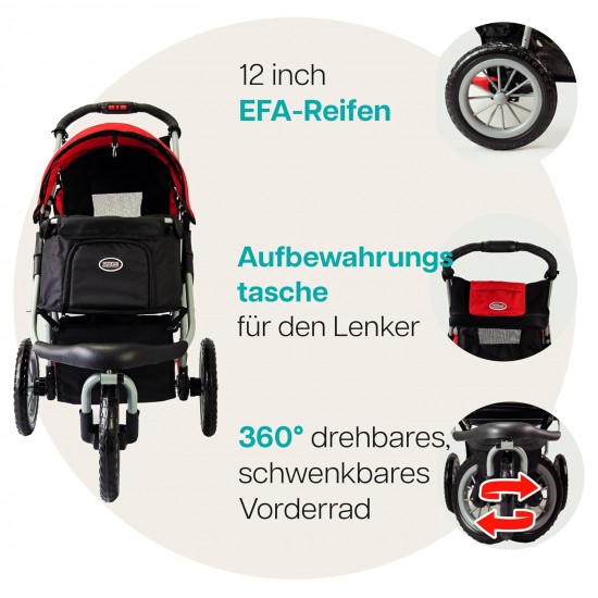 Innopet Comfort Efa Eco Dog Buggy Red / Black - One-Handed Foldable Dog & Cat Pram with 25 kg Load Capacity - Puncture-proof EVA Wheels, 2 Safety Leashes - Storage Basket & 3-Wheel Design Innopet Comfort Efa Eco Dog Buggy Red / Black - One-Handed Foldable Dog & Cat Pram with 25 kg Load Capacity - Puncture-proof EVA Wheels, 2 Safety Leashes - Storage Basket & 3-Wheel Design