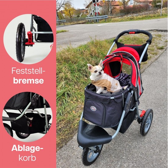Innopet Comfort Efa Eco Dog Buggy Red / Black - One-Handed Foldable Dog & Cat Pram with 25 kg Load Capacity - Puncture-proof EVA Wheels, 2 Safety Leashes - Storage Basket & 3-Wheel Design Innopet Comfort Efa Eco Dog Buggy Red / Black - One-Handed Foldable Dog & Cat Pram with 25 kg Load Capacity - Puncture-proof EVA Wheels, 2 Safety Leashes - Storage Basket & 3-Wheel Design