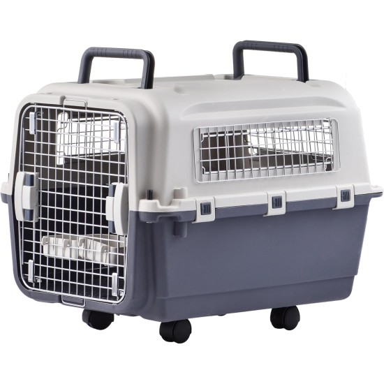 Lanco Portable and breathable large plastic dog carrier. Pets dogs. Durable material. Dimensions: 89 x 61 x 74 cm. Two handles. Grey and white colour. Lanco Portable and breathable large plastic dog carrier. Pets dogs. Durable material. Dimensions: 89 x 61 x 74 cm. Two handles. Grey and white colour.