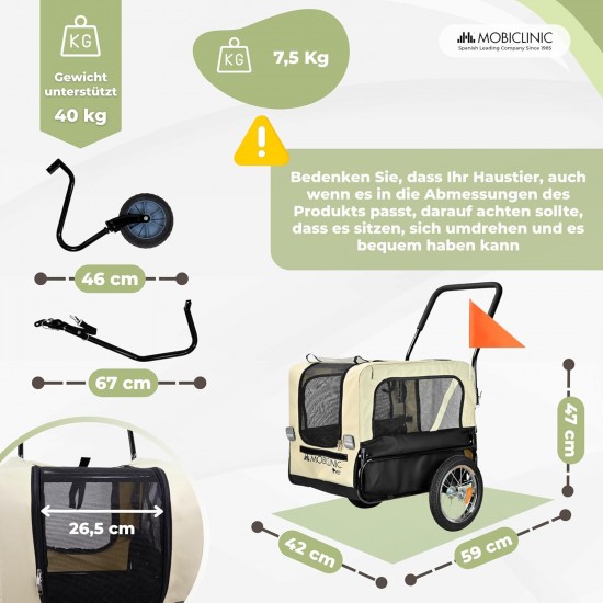 Mobiclinic®, Dog Trailer for Bicycle + Dog Pram, 2-in-1, Up to 40 kg, Waterproof Cover, 123 x 67 x 100 cm, Reflectors & Flag, 600D Oxford, for Small and Medium Dogs Mobiclinic®, Dog Trailer for Bicycle + Dog Pram, 2-in-1, Up to 40 kg, Waterproof Cover, 123 x 67 x 100 cm, Reflectors & Flag, 600D Oxford, for Small and Medium Dogs