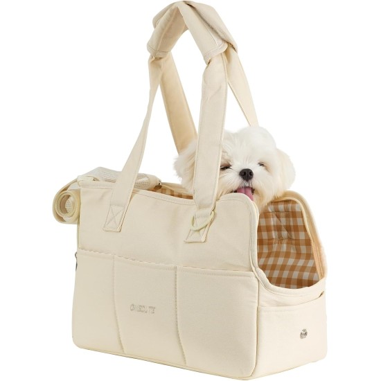 ONECUTE Cat Dog Puppy Carrier Bag Breathable Foldable Travel Bag Shoulder Bag Handbag for Small Pets Load up to 3kg (Small, Beige)