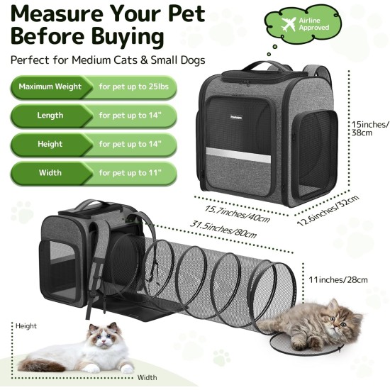 Pawtners Cat Carrier Backpacks with Expandable Cat Play Tunnel, Airline Approved Pet Backpack for Small Dogs and Large Cats up to 25 lbs, Foldable Cat Travel Carrier Pawtners Cat Carrier Backpacks with Expandable Cat Play Tunnel, Airline Approved Pet Backpack for Small Dogs and Large Cats up to 25 lbs, Foldable Cat Travel Carrier
