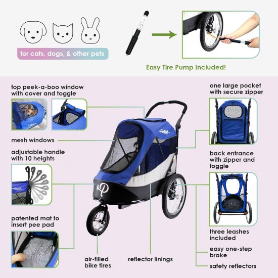 Petique Trailblazer Jogger Dog Stroller for Medium Dogs & Cats - Air-Filled Tyres, 3 Leads, Peek-a-Boo Window, Foldable, Large Storage Space - Blue Pet Trolley Petique Trailblazer Jogger Dog Stroller for Medium Dogs & Cats - Air-Filled Tyres, 3 Leads, Peek-a-Boo Window, Foldable, Large Storage Space - Blue Pet Trolley