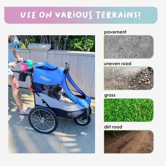 Petique Trailblazer Jogger Dog Stroller for Medium Dogs & Cats - Air-Filled Tyres, 3 Leads, Peek-a-Boo Window, Foldable, Large Storage Space - Blue Pet Trolley Petique Trailblazer Jogger Dog Stroller for Medium Dogs & Cats - Air-Filled Tyres, 3 Leads, Peek-a-Boo Window, Foldable, Large Storage Space - Blue Pet Trolley