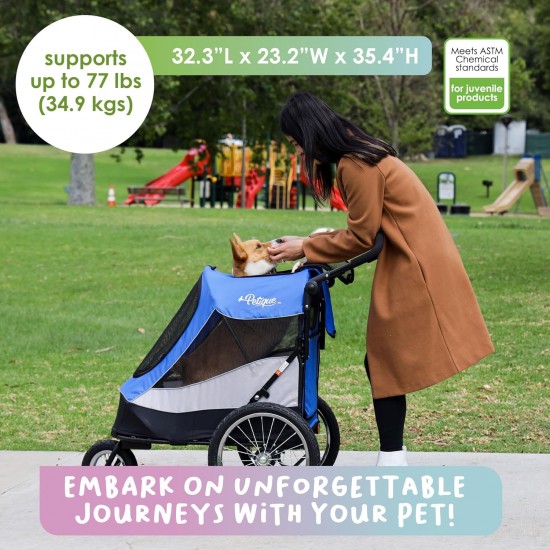 Petique Trailblazer Jogger Dog Stroller for Medium Dogs & Cats - Air-Filled Tyres, 3 Leads, Peek-a-Boo Window, Foldable, Large Storage Space - Blue Pet Trolley Petique Trailblazer Jogger Dog Stroller for Medium Dogs & Cats - Air-Filled Tyres, 3 Leads, Peek-a-Boo Window, Foldable, Large Storage Space - Blue Pet Trolley
