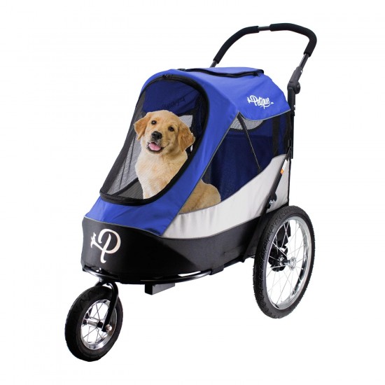 Petique Trailblazer Jogger Dog Stroller for Medium Dogs & Cats - Air-Filled Tyres, 3 Leads, Peek-a-Boo Window, Foldable, Large Storage Space - Blue Pet Trolley Petique Trailblazer Jogger Dog Stroller for Medium Dogs & Cats - Air-Filled Tyres, 3 Leads, Peek-a-Boo Window, Foldable, Large Storage Space - Blue Pet Trolley