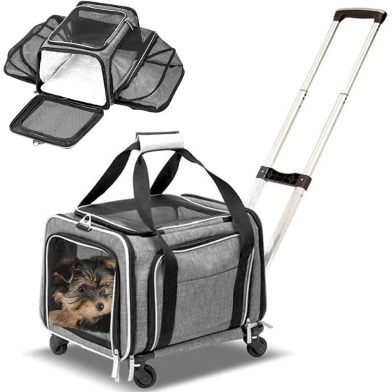 Ruff Life Premium Expandable Pet Carrier on Wheels, Double Sided Expandable Pet Carrier for Dogs and Cats, Extra Spacious Soft Lined, Grey