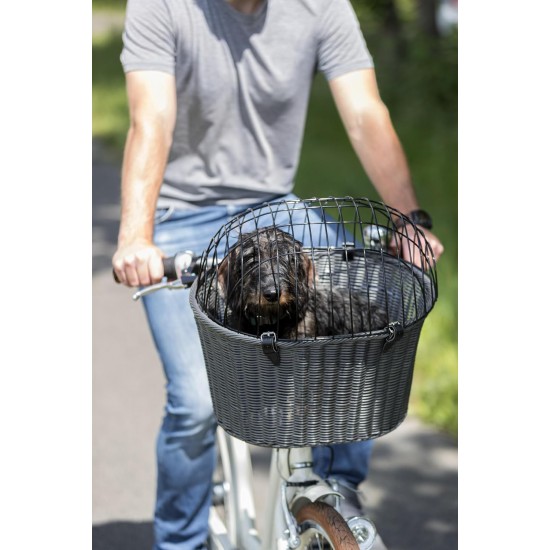 TRIXIE 13107 Dog Basket for Front Bicycle up to 5 kg 44 x 41 x 34 cm with Universal Bracket Woven Dog Bicycle Basket for Handlebar in Chic Wicker Look with Plastic Grille TRIXIE 13107 Dog Basket for Front Bicycle up to 5 kg 44 x 41 x 34 cm with Universal Bracket Woven Dog Bicycle Basket for Handlebar in Chic Wicker Look with Plastic Grille