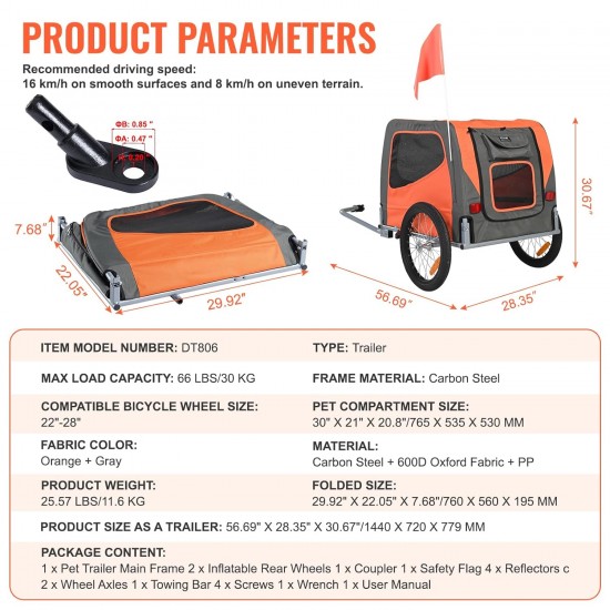 VEVOR Dog Trailer 30 kg Bicycle Trailer Carbon Steel + 600D Oxford Fabric + PP Foldable 1440 x 720 x 779 mm as Trailer Folded Size 760 x 560 x 195 mm Orange & Grey VEVOR Dog Trailer 30 kg Bicycle Trailer Carbon Steel + 600D Oxford Fabric + PP Foldable 1440 x 720 x 779 mm as Trailer Folded Size 760 x 560 x 195 mm Orange & Grey