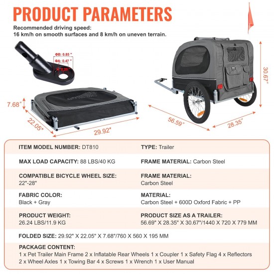 VEVOR Dog Trailer 40 kg Bicycle Trailer Carbon Steel + 600D Oxford Fabric + PP Foldable 1440 x 720 x 779 mm as Trailer Folded Size 760 x 560 x 195 mm Black & Grey VEVOR Dog Trailer 40 kg Bicycle Trailer Carbon Steel + 600D Oxford Fabric + PP Foldable 1440 x 720 x 779 mm as Trailer Folded Size 760 x 560 x 195 mm Black & Grey