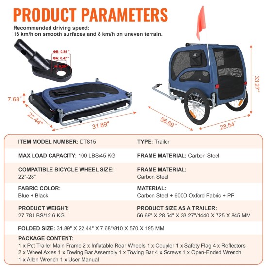 VEVOR Dog Trailer 45 kg Bicycle Trailer Carbon Steel + 600D Oxford Fabric + PP Foldable 1440 x 725 x 845 mm as Trailer Folded Size 810 x 570 x 195 mm Dog Buggy Jogger Trailer Blue VEVOR Dog Trailer 45 kg Bicycle Trailer Carbon Steel + 600D Oxford Fabric + PP Foldable 1440 x 725 x 845 mm as Trailer Folded Size 810 x 570 x 195 mm Dog Buggy Jogger Trailer Blue