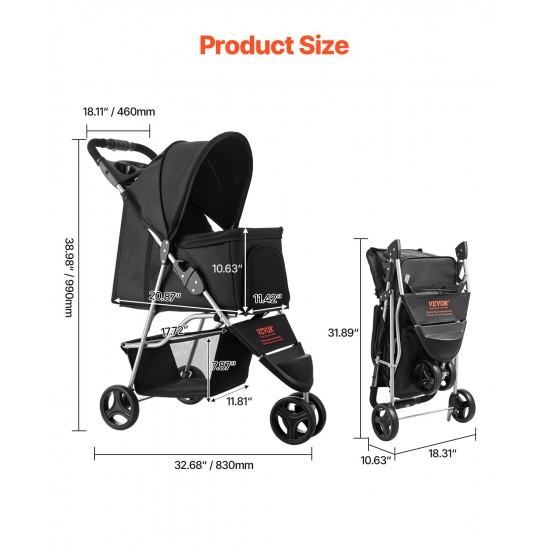 VEVOR Dog Trolley, Load Capacity 16 kg, Foldable Pet Stroller, Cat Pram with 3 Wheels, Mesh Windows & Cup Holders, Dog Stroller with Brake, for Small to Medium Pets VEVOR Dog Trolley, Load Capacity 16 kg, Foldable Pet Stroller, Cat Pram with 3 Wheels, Mesh Windows & Cup Holders, Dog Stroller with Brake, for Small to Medium Pets