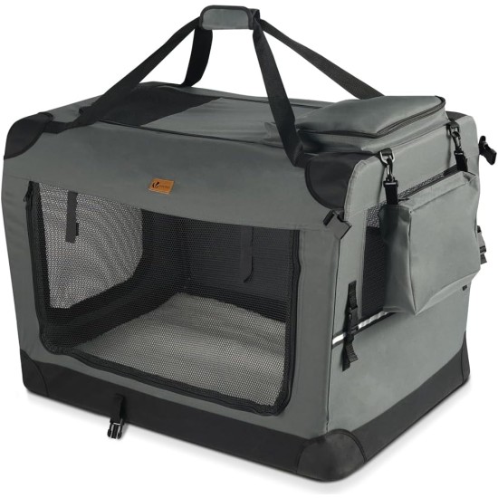 VOUNOT Hundebox faltbar, Transportbox Katze Hunde, Hundetasche, Oxford-Gewebe, Netzstoff, Atmungsaktiv, Transportabel, Metallrahmen, mit Griffen, Taschen, 82x60x60cm XL, Grau VOUNOT Hundebox faltbar, Transportbox Katze Hunde, Hundetasche, Oxford-Gewebe, Netzstoff, Atmungsaktiv, Transportabel, Metallrahmen, mit Griffen, Taschen, 82x60x60cm XL, Grau