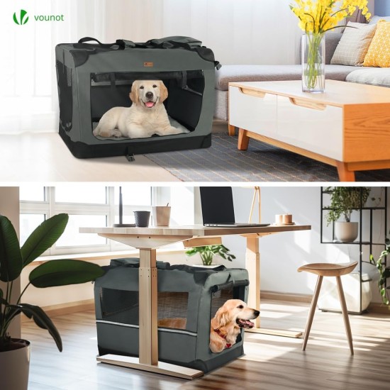 VOUNOT Hundebox faltbar, Transportbox Katze Hunde, Hundetasche, Oxford-Gewebe, Netzstoff, Atmungsaktiv, Transportabel, Metallrahmen, mit Griffen, Taschen, 82x60x60cm XL, Grau VOUNOT Hundebox faltbar, Transportbox Katze Hunde, Hundetasche, Oxford-Gewebe, Netzstoff, Atmungsaktiv, Transportabel, Metallrahmen, mit Griffen, Taschen, 82x60x60cm XL, Grau