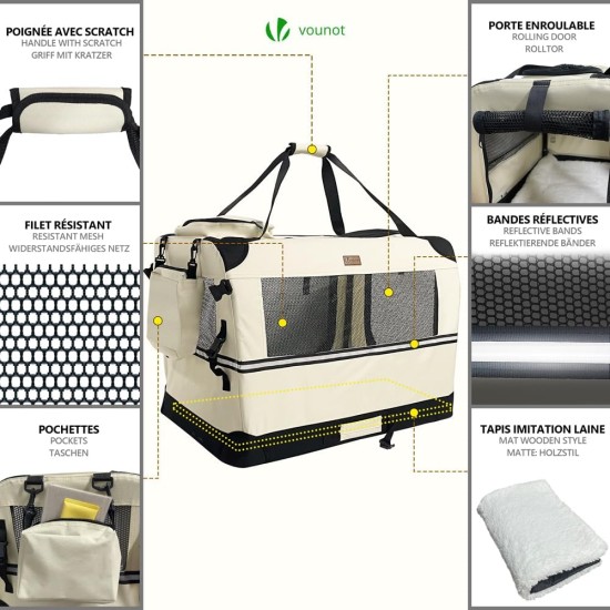 VOUNOT Hundebox faltbar, Transportbox Katze Hunde, Hundetasche, Oxford-Gewebe, Netzstoff, Atmungsaktiv, Transportabel, Metallrahmen, mit Griffen, Taschen, 82x60x60cm XL, Grau VOUNOT Hundebox faltbar, Transportbox Katze Hunde, Hundetasche, Oxford-Gewebe, Netzstoff, Atmungsaktiv, Transportabel, Metallrahmen, mit Griffen, Taschen, 82x60x60cm XL, Grau