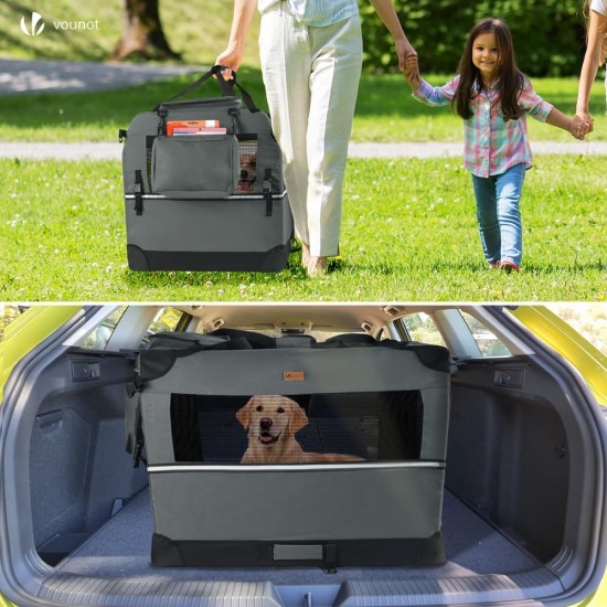 VOUNOT Hundebox faltbar, Transportbox Katze Hunde, Hundetasche, Oxford-Gewebe, Netzstoff, Atmungsaktiv, Transportabel, Metallrahmen, mit Griffen, Taschen, 82x60x60cm XL, Grau VOUNOT Hundebox faltbar, Transportbox Katze Hunde, Hundetasche, Oxford-Gewebe, Netzstoff, Atmungsaktiv, Transportabel, Metallrahmen, mit Griffen, Taschen, 82x60x60cm XL, Grau